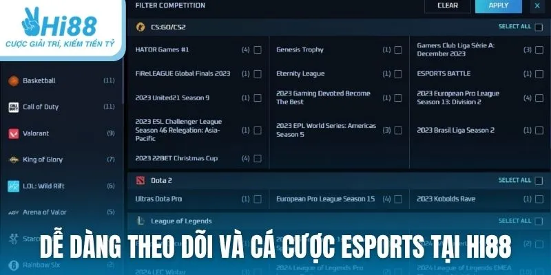 Dễ dàng theo dõi và cá cược Esports tại nhà cái Hi88