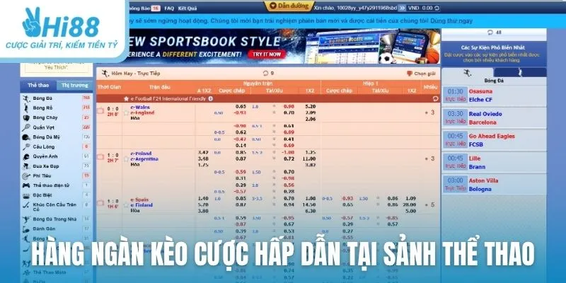 Hàng ngàn kèo cược hấp dẫn tại sảnh thể thao của Hi88